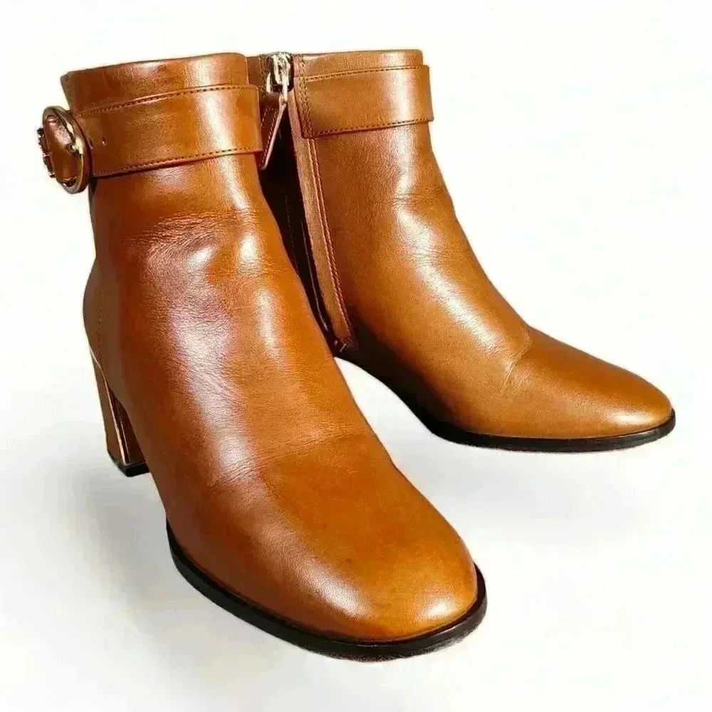 Tory Burch Sophia Ankle Booties Boots British Tan Women's 5 M Leather Gold Logo